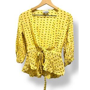 Ganni Womens Blouse Top Small Floral Wrap Tie Front Yellow White Cottagecore